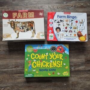 Lot Of 3 Farm Boardgames/Puzzles- Count Your Chickens, Farm Bingo,  Farm Puzzle